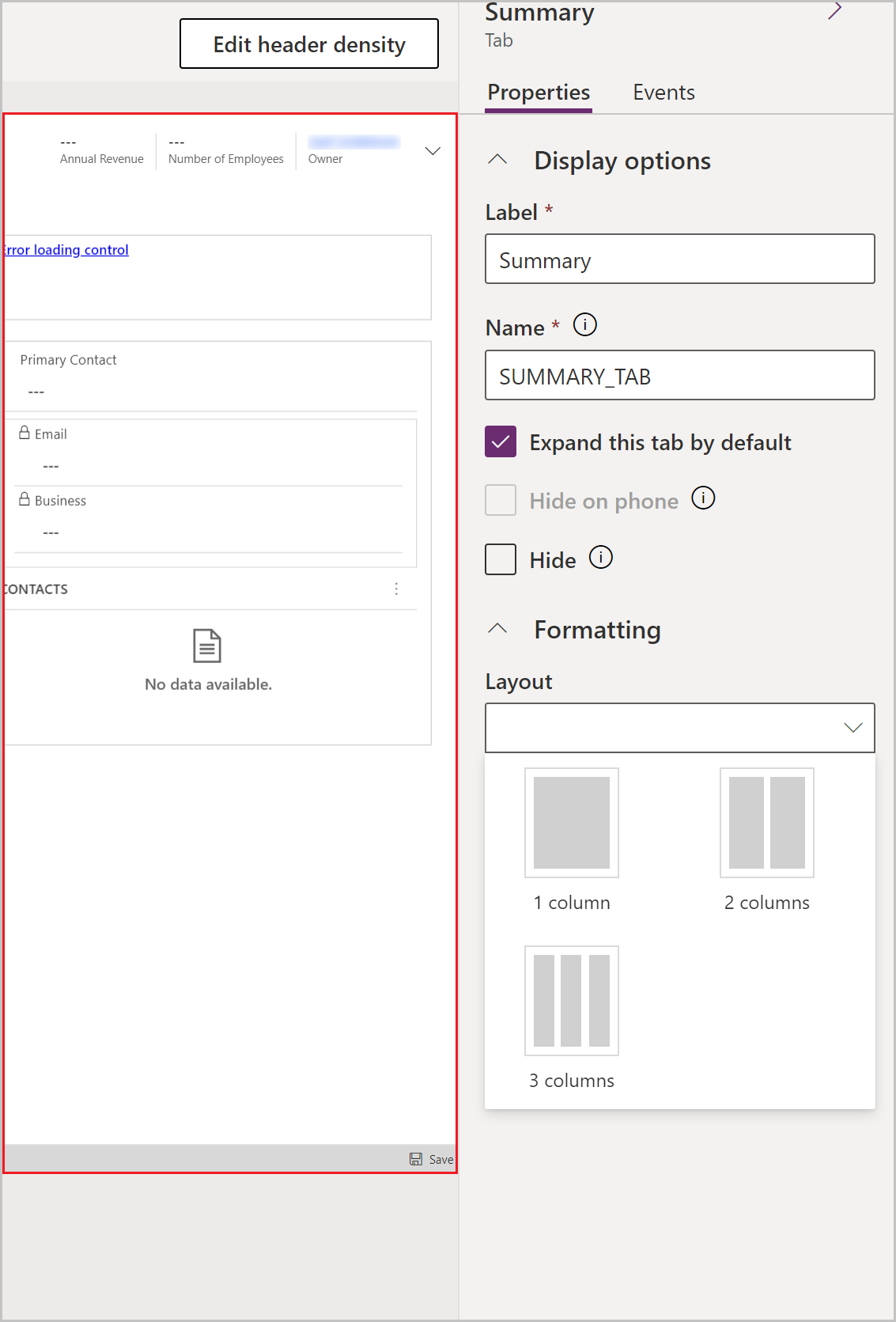 Use um layout diferente do padrão de três colunas em um layout de guia.